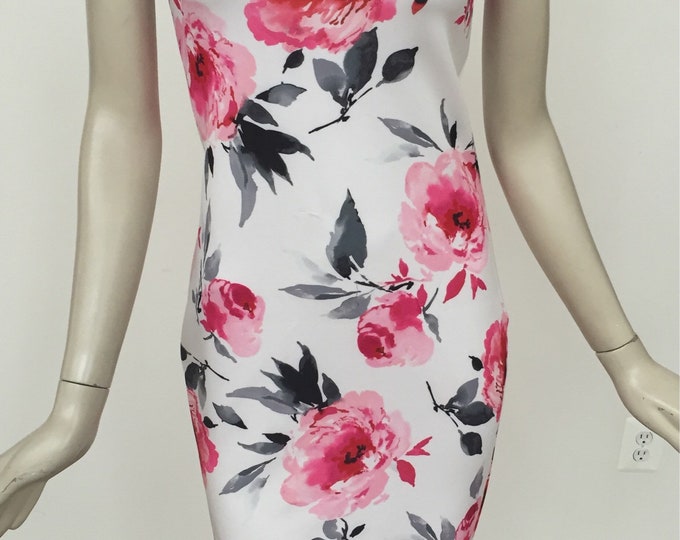 Pink Floral Dress with Jewel Neck and Cap Sleeves. Rose Pink Tank Dress with Cap Sleeves. For Spring Weddings, Garden Parties.