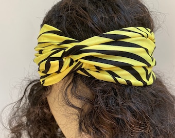 Neon Yellow Zebra Print Turband. Stylish Hair Bands in Fashion Colors. Convertible Handmade Hair Scrunchies and Wristbands. One Size.