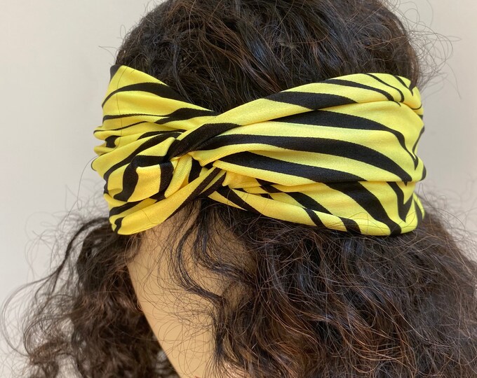 Neon Yellow Zebra Print Lycra Turband. Stylish Hair Bands in Fashion Colors. Convertible Handmade Hair Scrunchies and Wristbands. One Size.