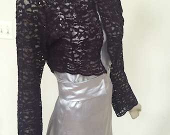 Eggplant Sequin Lace Cropped Jacket. Women's Purple Sparkly Bolero Jacket. Glittery Wedding Shrug. Elegant Sheer Cover.