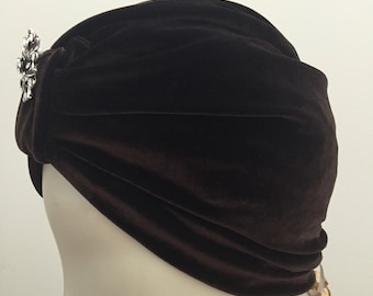 Woman's Brown Plush Velvet Turban Hat. Elegant Turban, Soft Stretch Fit Velvet. Neutral Mocha Brown Color. Wear With or Without Hair or Wig.