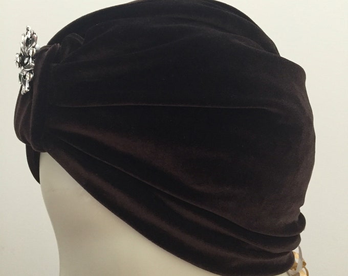 Woman's Brown Plush Velvet Turban Hat. Elegant Turban, Soft Stretch Fit Velvet. Neutral Mocha Brown Color. Wear With or Without Hair or Wig.