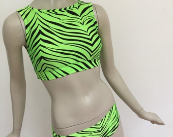 Bright Green and Black Zebra Lycra Bathing Suit. Tank Top and Bikini Swim Set.