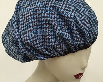 Blue Black Houndstooth Nylon Shower Cap. Black Trim. Fancy Bath Hats for Women in Water Repellent Designer Fabric. One Adult Size