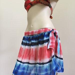 Chiffon Beach Tie Skirt. Orange and Blue Bikini Cover. Summer Mini Skirt. Tie Dye Turquoise Bathing Suit Cover. Mini Wrap Skirt