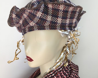 Woman's Rustic Brown Beret Hat. Orange and White Check Stylish Fall Knit Hat. Women's Autumn Hats in Stretch Knit.