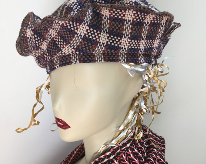 Woman's Rustic Brown Beret Hat. Orange and White Check Stylish Fall Knit Hat. Women's Autumn Hats in Stretch Knit.