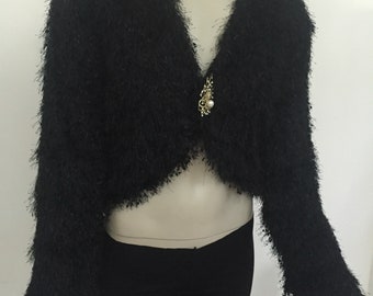 Black Fancy Fringe Long Sleeve Jacket. Furry Bolero Jacket for Women. Size US 4 (S)