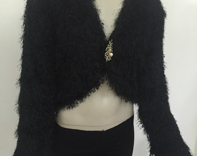 Black Fancy Fringe Long Sleeve Jacket. Furry Bolero Jacket for Women.