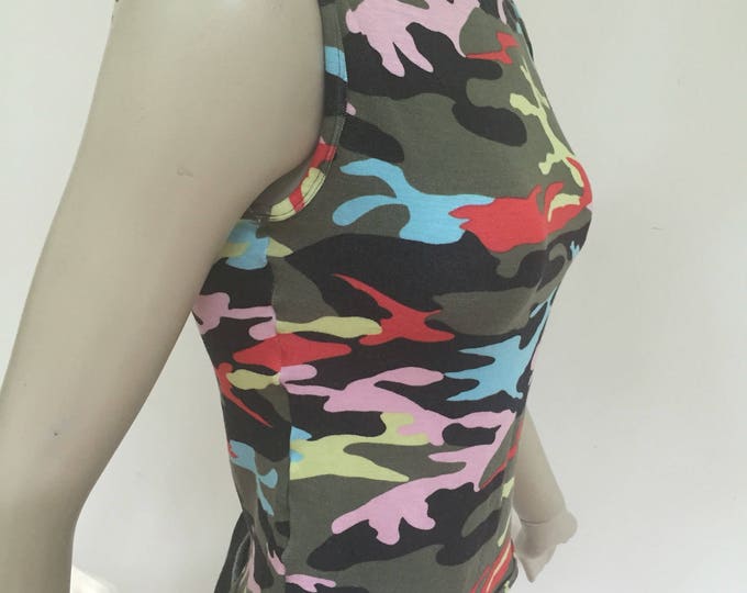 Bright Camo T Shirt. Sleeveless Summer Tank Top. Multi Stretch Jersey Top.
