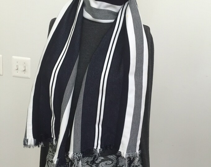 Blue and White Stripe Knit Scarf. Women's Winter Rectangular Scarves. Casual Unisex Scarves.