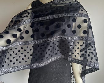 Black Multi Flocking Organdy Scarf. Women's Sheer Stripe Wrap Scarf with Dots and Silver Accent. Elegant Shawl. Gifts for Her.