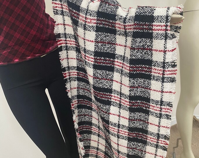 Red White Black Plaid Tweed Knit Blanket Scarf. Tartan Boucle Knit Wrap Scarf. Warm and Heavy Throw Scarves. Winter Acrylic Scarves.