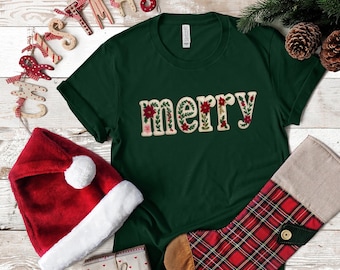 Merry Faux Yarn Tee | Bella + Canvas Christmas Shirt | Cozy Holiday Graphic Tee