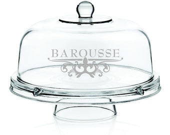 Monogram Etched Glass Cake Dome / Personalized Family Name 6-in-1