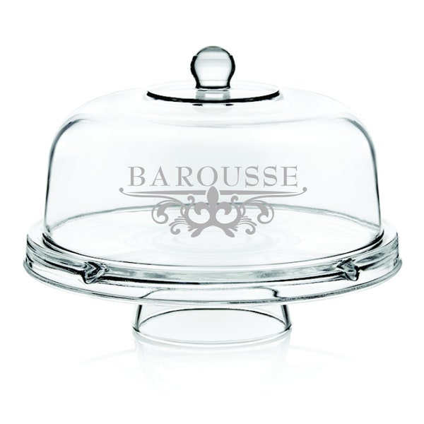 Monogram Etched Glass Cake Dome / Personalized Family Name 6-in-1