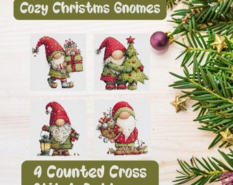 Patrones de punto de cruz "Gnomos navideños acogedores 2": un conjunto de 4 patrones nórdicos de punto de cruz con gnomos navideños.