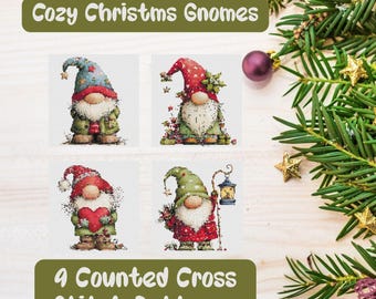 Patrones de punto de cruz "Gnomos navideños acogedores 3": un conjunto de 4 gnomos navideños de estilo nórdico.
