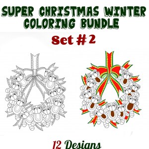 Paquete para colorear Super Christmas Holiday #2, 12 hojas PDF de 8,5 x 11&quot; para colorear, colorear para adultos, descarga instantánea