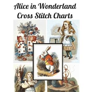 Counted Cross Stitch Pattern: SAVE on BUNDLE!  Alice in Wonderland Set of 5   , Art by John Tenniel 18 count Instant Download PDFs