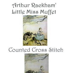 Counted Cross Stitch Pattern: Arthur  Rackham &quot;Miss Muffett&quot; Printable Chart,  Instant Download PDF File  Size 18 Cloth