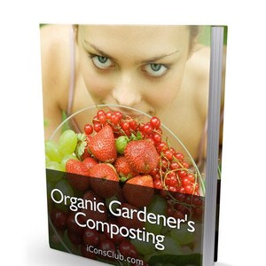 May include: A book cover with a woman's face and a bowl of fruit. The title of the book is "Organic Gardener's Composting" and the website address is "iconsclub.com".