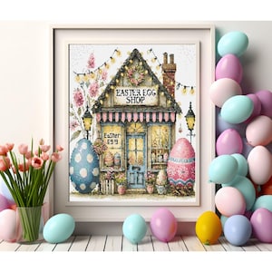 Counted Cross Stitch Pattern: &quot;Easter Egg Shop 2&quot; Art,   Printable PDF, 18 count Instant Download PDF File, Chart, St. Patrick&#39;s Day