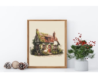 Counted Cross Stitch Pattern: "Christmas Cottage" Art,   Printable PDF, 18 count Instant Download PDF Files, Chart