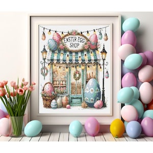 Counted Cross Stitch Pattern: &quot;Easter Egg Shop 1&quot; Art,   Printable PDF, 18 count Instant Download PDF File, Chart, St. Patrick&#39;s Day
