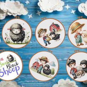 May include: A collection of six embroidery hoops featuring sheep and farm scenes. The designs include a fluffy black sheep, a boy with a sheep, and a barn. One hoop has the text "Baa Baa Black Sheep". The background is blue with white clouds.