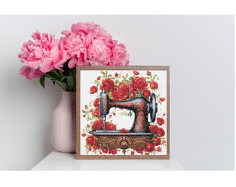 Counted Cross Stitch Pattern: "Victorian Antique Roses and Sewing Machine" Art,   Printable PDF, 18 count Instant Download PDF Files, Chart