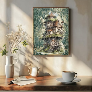 Counted Cross Stitch Pattern: &quot;Woodland Fairy House&quot; Art,   Printable PDF, 18 count Instant Download PDF File, Chart, St. Patrick&#39;s Day