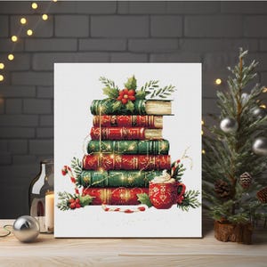 May include: A Christmas-themed artwork featuring a stack of books in red and green, adorned with holly and berries. A red mug with a festive design sits below the books, with a small Christmas tree and lights in the background. The artwork is on a white canvas.