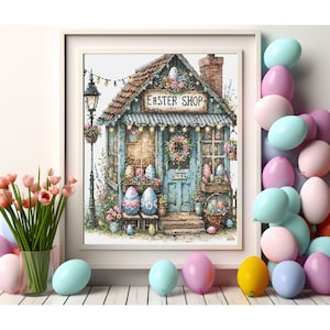 Counted Cross Stitch Pattern: &quot;Easter Egg Shop 3&quot; Art,   Printable PDF, 18 count Instant Download PDF File, Chart, St. Patrick&#39;s Day