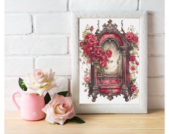 Counted Cross Stitch Pattern: "Victorian Antique Roses and Mirror" Art,   Printable PDF, 18 count Instant Download PDF Files, Chart