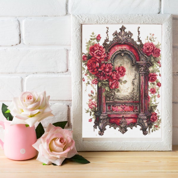 Counted Cross Stitch Pattern: "Victorian Antique Roses and Mirror" Art,   Printable PDF, 18 count Instant Download PDF Files, Chart