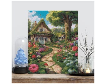 Geteld kruissteekpatroon: "Enchanted Garden Cottage" | Huisje met weelderige bloemen en verhalenboekbedel | Pdf kruissteek direct downloaden