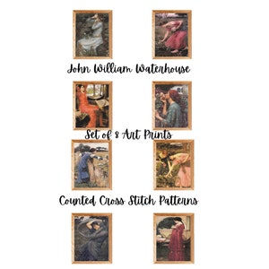 Conjunto de 8 patrones de punto de cruz contados: John William Waterhouse Art Prints, PDF imprimible, gráfico de descarga instantánea de 18 recuentos,