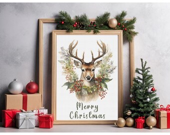 Counted Cross Stitch Pattern: "Christmas Deer"  Woodland Reindeer Holiday Wreath  PDF Pattern for Handmade Décor | Cozy Christmas Stitching