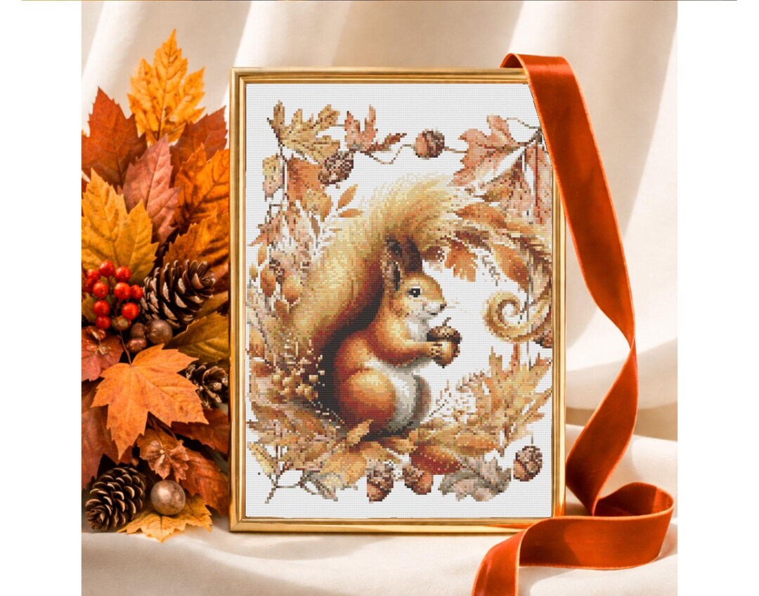 Counted Cross Stitch Pattern: "whimsical Autumn Leaves Squirrel" Cozy ...