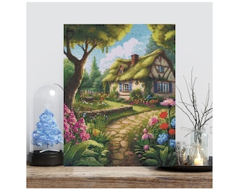 Kreuzstichmuster: "Enchanted Garden Cottage 2" | Üppiges Landhaus mit Blumen & Märchenbuch-Charm | Kreuzstich PDF Sofortdownload