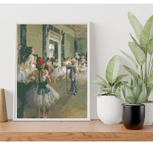 May include: A painting depicting a ballet class in a large room with a high ceiling. The dancers are wearing white tutus and are practicing their moves. The instructor is standing in the center of the room, holding a cane. The painting is framed in a white frame.