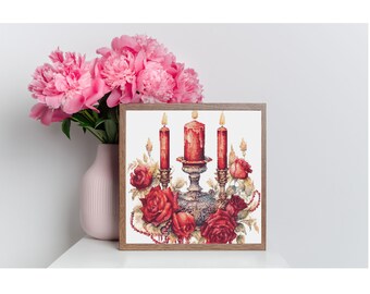 Counted Cross Stitch Pattern: "Victorian Antique Roses and Chandelier" Art,   Printable PDF, 18 count Instant Download PDF Files, Chart
