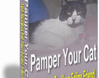 May include: A book titled "Pamper Your Cat" with a black and white cat on the cover. The book contains 100 recipes for your feline friend.