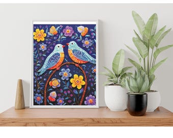Counted Cross Stitch Pattern: "Folk Art Lovebirds" Vibrant Floral Birds in a Scandinavian-Inspired Folk Style | Counted Cross Stitch PDF
