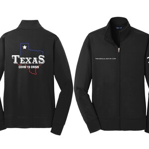 May include: Black zip-up jacket with the word "Frontliner" printed vertically on the right sleeve. The back of the jacket features a Texas outline with a star and the words "TEXAS COVID 19 CRISIS".
