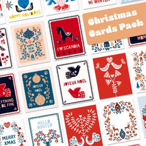48 Printable Scandinavian Christmas Cards – Scandi Folk Art, Hygge Xmas Holiday Clipart, Winter Xmas Digital Download PNGs and JPEGs.