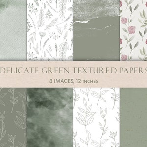 Aquarellfarben, Sanfte Blatt-Papiere, Sage grünes digitales Papier, Neutrale Texturen, grünes florales Muster, 8 Motive, hochwertige JPEG-Dateien.
