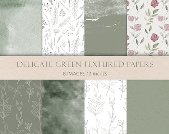 Sage Green Digital Papers: Botanical Line Art & Watercolor Textures (8 JPEG Files)