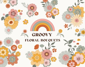 Groovy Floral Bouquets Clipart: 9 Retro Boho Flowers for Wedding & Stickers (PNG)